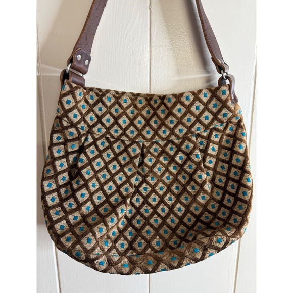 Midi‎ Queen Shoulder Bag Women's Brown Blue Diamond Pattern Magnetic Closure - Picture 3 of 12